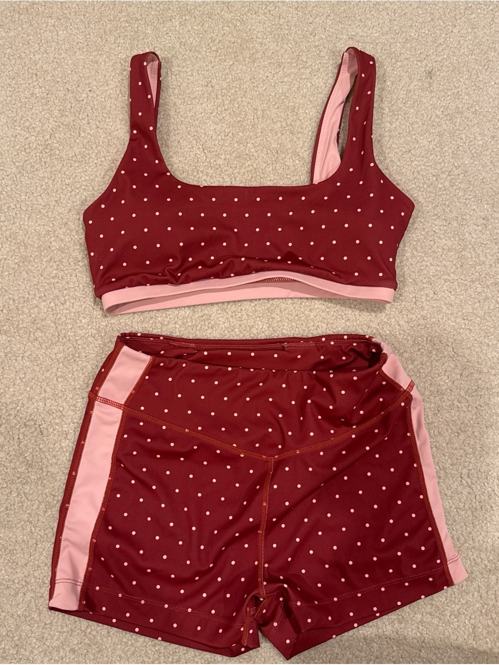 Women's Burgundy & Pink Polka Dot Athletic Shorts Set